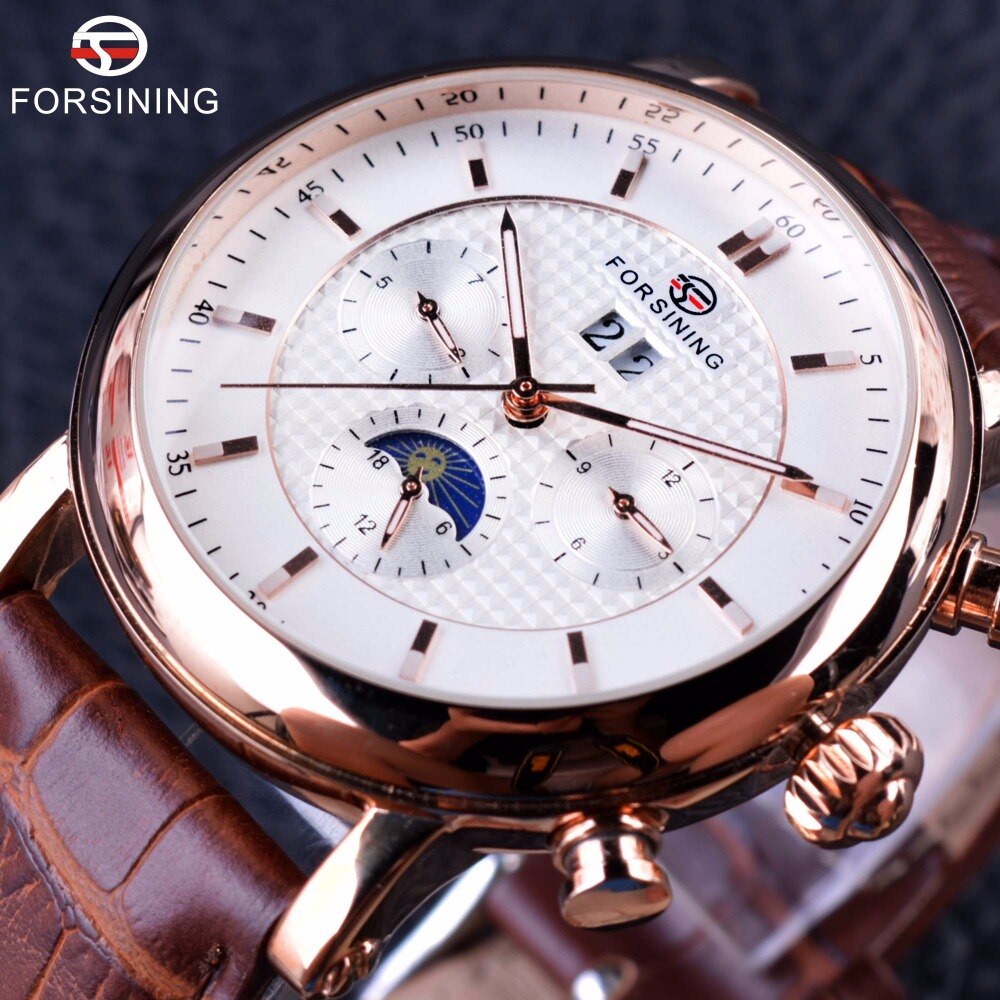 Forsining Luxe Rose Golden Serie Maanfase Kalender Klok Mannen Horloge Top Brand Luxe Automatische Mannelijke Polshorloge