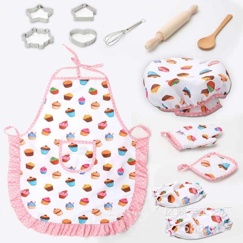 Kids Chef Apron And Hat Set Children Kichen Cooking Baking Cooks Kitchenware Play Game Cake Apron 13Pcs Set YLM1098