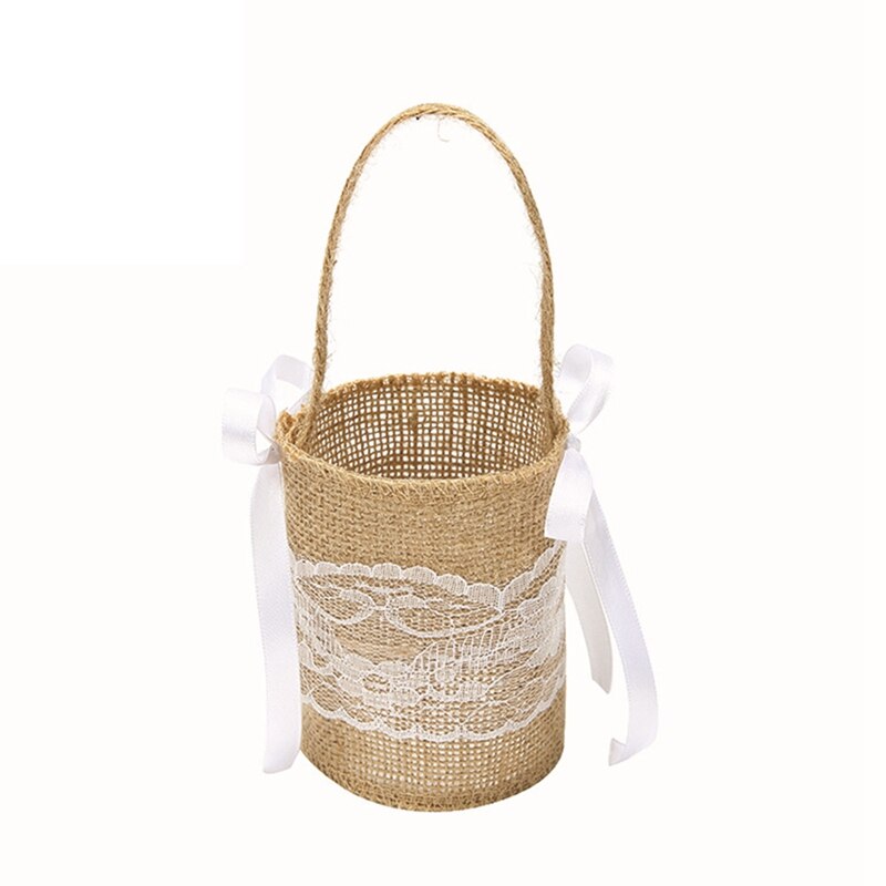 Ślub koronkowy jutowy kwiat kosz lniany uchwyt Vintage rustykalny ślub ceremonia dekoracja stołu Baby Shower Party cukierki prezent torba: Fluorescencji Żółty