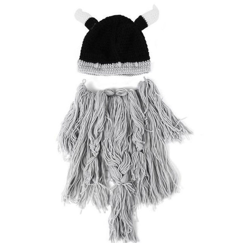 Men&#39;s Knit Viking Beard Horn Hat Crazy Ski Cap Barbarian Vagabond Beanie Halloween Winter Handmade Funny Hat + Beard