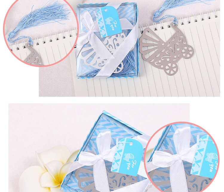 Blå/rosa barnvagn bokmärke bröllopsfavörer och födelsedagsfest baby shower favor flickpojke