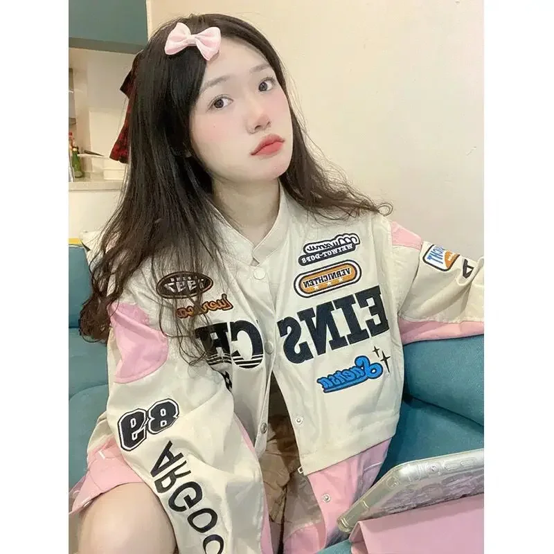 Motorsykkel rosa jakke kvinner amerikansk retro par avtakbar sykkel baseballjakker  y2k topper klær harajuku klær