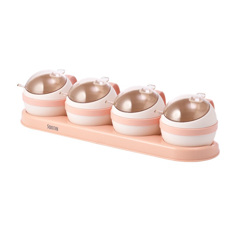 Spice Jar Set Salt Sugar And Pepper Shakers Kitchen Seasoning Box Condiment Organizer Spices Rack Storage jars with Spoon lid: Pink 4 groups