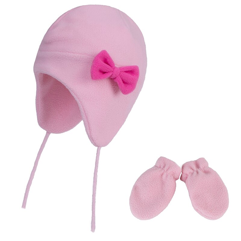 Tytön hattu hanskat setti talvi korvaläppä pipo lasten jousi fleece syksyn lämmin hiihtotarvike vauvan taaperot ulkoiluun: Vaaleanpunainen / 46-48cm 1-2 vuotta