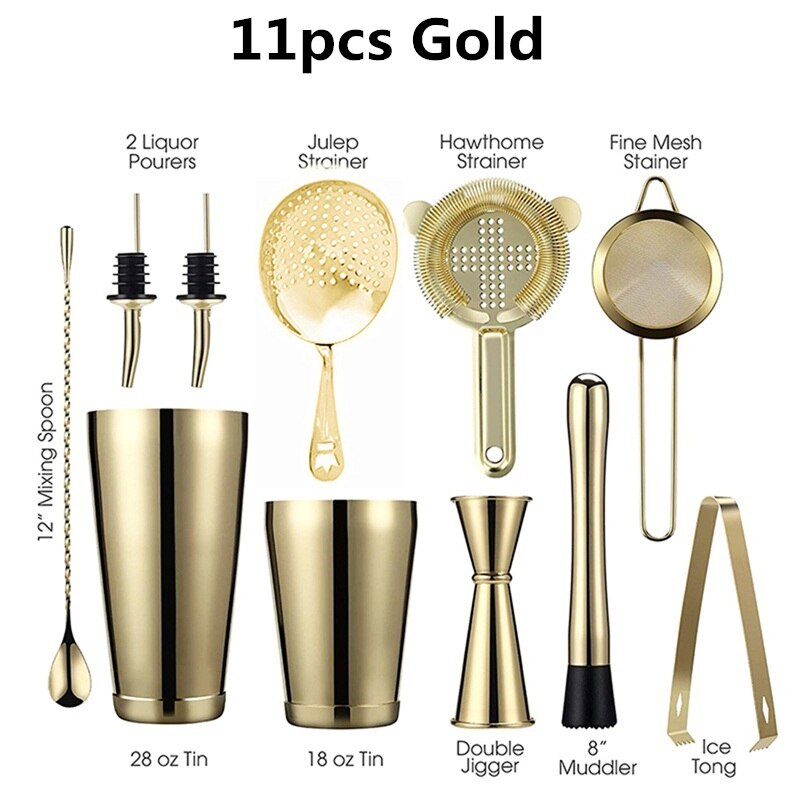 13 pçs/set aço inoxidável cocktail shaker gelo tong mixer bebida boston bartender browser kit barras conjunto ferramentas barra profissional: 11pcs Gold