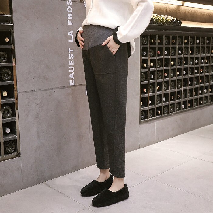 Autumn Winter Thicken Warm Woolen Maternity Pants Belly Straight Loose Pants Clothes for Pregnant Women Pregnancy Trousers: Autumn Black / L