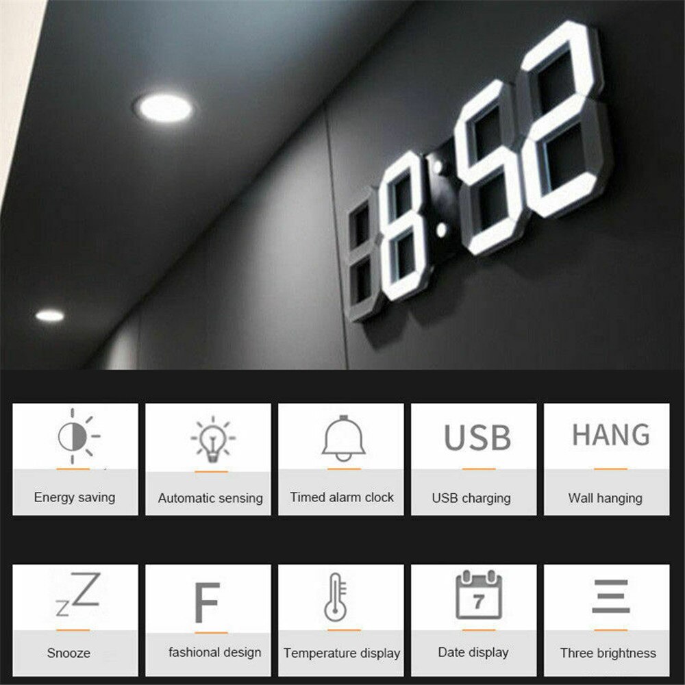 Modern 3D LED Digital Wall Clock Date Time Celsius... – Grandado