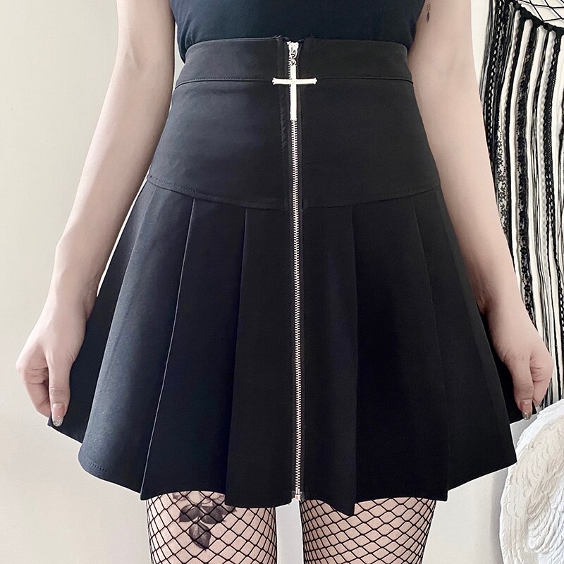 InsGoth Black Pleated Mini SKirts Women Harajuku Grunge Streetwear Cross Zipper Gothic Skirts Female