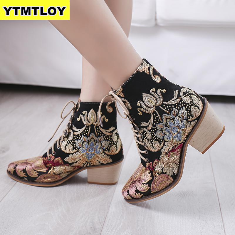 Retro bohemio, botas para mujer, botines estampados, botines de moto Vintage para mujer, novedad , botas de tacón alto bordadas