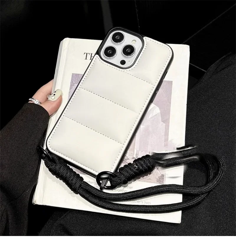 Ædel silikone med snor i dunjakke i ensfarvet blødt cover til iphone 16 15 plus 14 13 12 pro max 11 bærbart cover med kort reb: Neopren / Hvid