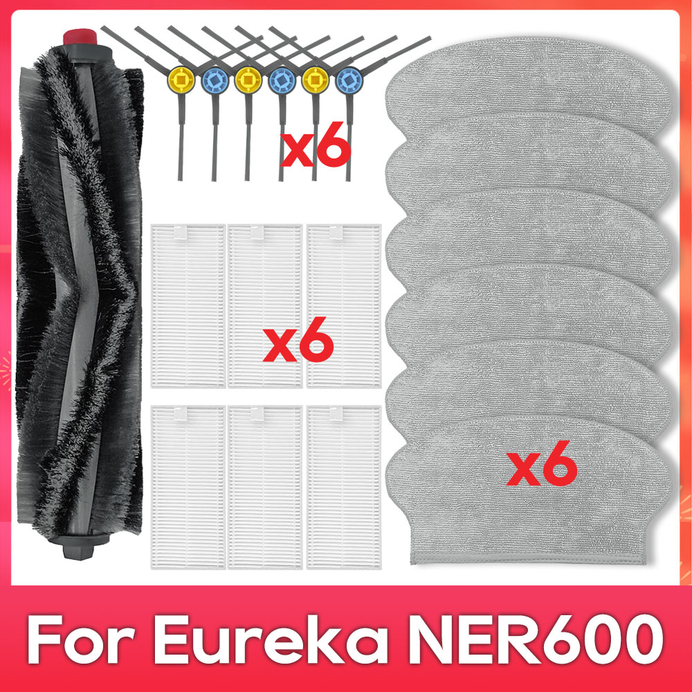 Compatível com ( Eureka NER600 ) Kit de Substituição de Peças: Rolo, Escova Principal e Lateral, Filtro HEPA, Pano de Mopa, Peças de Reposição para Aspirador de Pó Robô: Vermelho