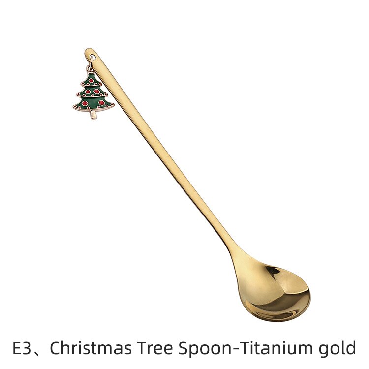 Christmas Spoon Vacuum Plating Stainless Steel Coffee Spoon Long Handle Tea Spoons Kitchen Drinking Flatware: E3
