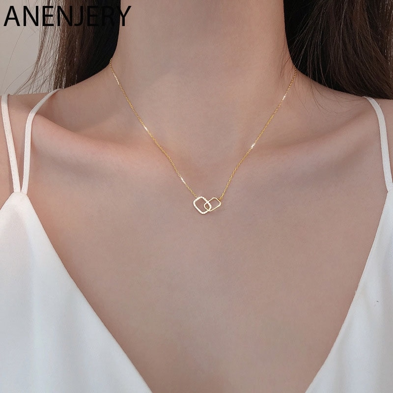 ANENJERY-collar de plata de ley 925 entrelazado cuadrado para mujer, cadena de clavícula geométrica de circón brillante, joyería S-N749