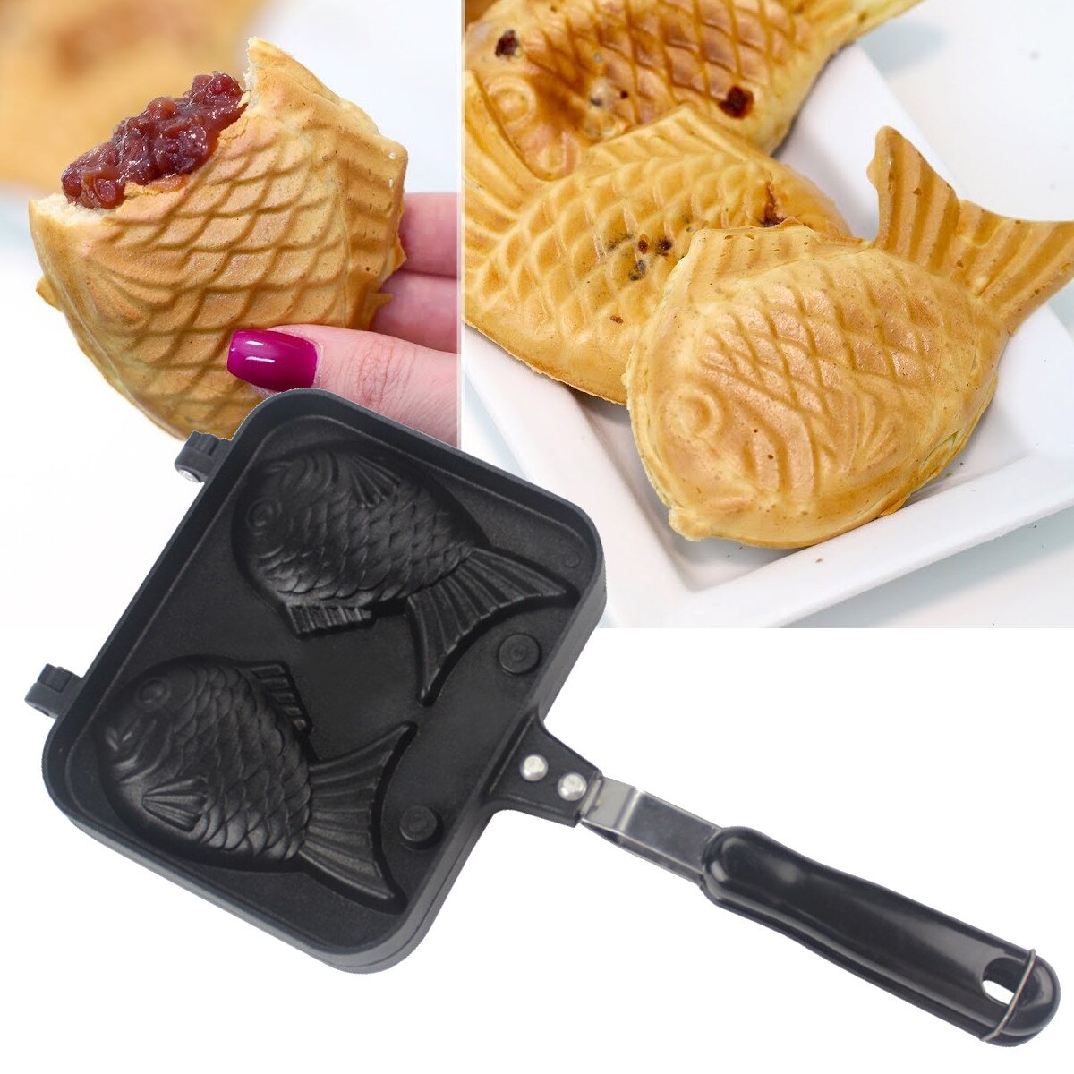 Taiyaki-Molde de fundición antiadherente japonés con forma de corazón en forma de pez, utensilios para hornear, gofres, Pan, pasteles, tortitas, cocina casera, 2 caras