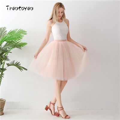 5 lag 65cm sort plisseret nederdel sexet midi tyl nederdel høj talje fuld foring voksen tutu koreansk stil kvinder jupe femme faldas: Fersken