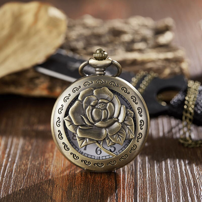 Ancient Pocket Watch Fob Chain Flower Rose Engrave Clock Mens Flip Bronze Case Watch Vintage Male Watches for Men Women: hollow rose