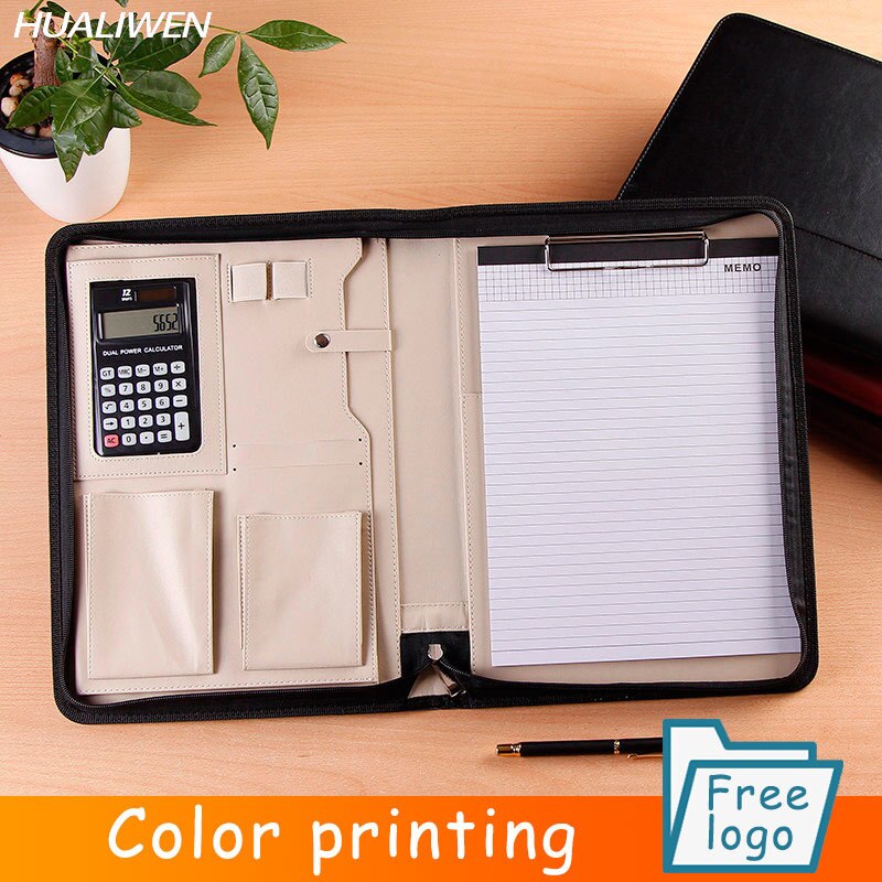 A4 Portable File Folder with Calculator Binder Organizer Manager Office Document Pad Briefcase PU Leather Padfolio Bag