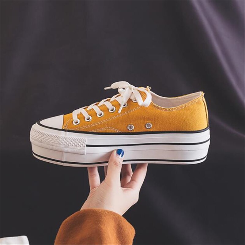 Verano de las mujeres de la Zapatos casuales zapatos de mujer Color caramelo zapatos de plataforma de lona Lisa zapatillas de mujer de fondo grueso zapatos vulcanizados