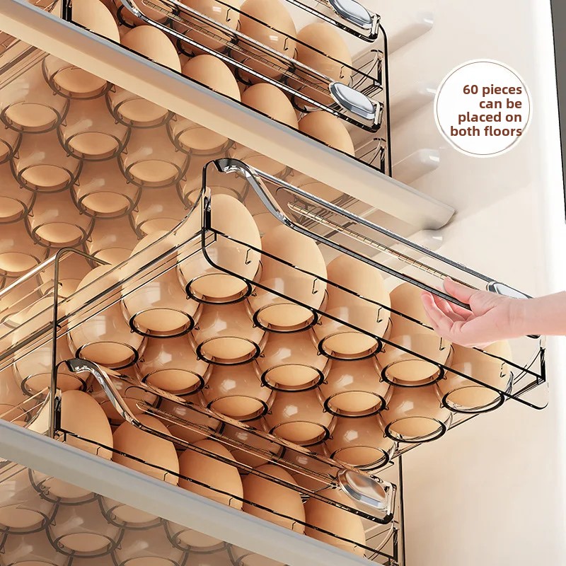 Kitchen Fridge Drawer Style Egg Tray Double Layer Egg Storage Box Timer Egg Box Freshness Preservation Container Home Goods