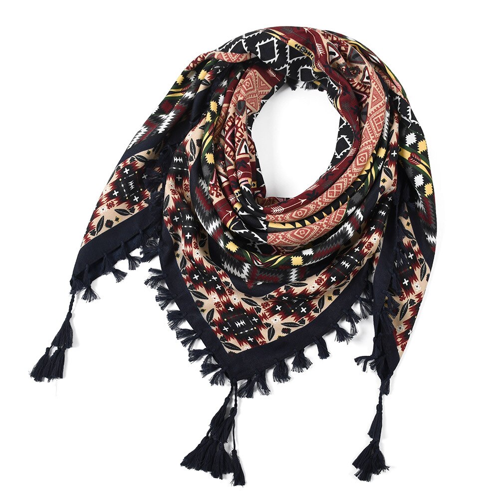 Sjaal Vrouwen Winter Bohemian Vierkante Zakdoek Sjaal Wrap Retro Patroon Kwastje Vrouwelijke Sjaal Grote 115Cm Katoen Foulard Bloemen: 33
