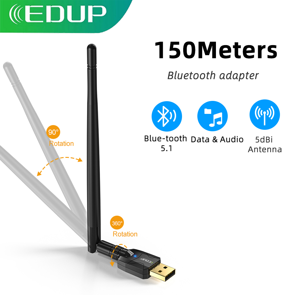 EDUP 150M USB Bluetooth Adapter Bluetooth 5.1 Wireless Bluetooth Audio Receiver Transmitter 5dBi Antenna USB Dongle For Computer: WHITE