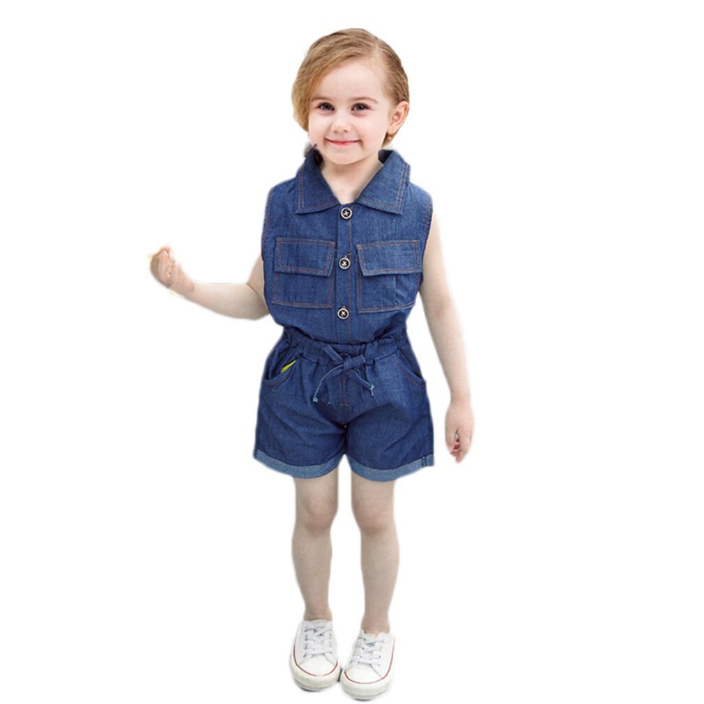 Kinderkleding babymeisjes zomer korte mouwen pak baby cowboy zomerkleding meisjes tweedelig pak: Blauw / 100cm