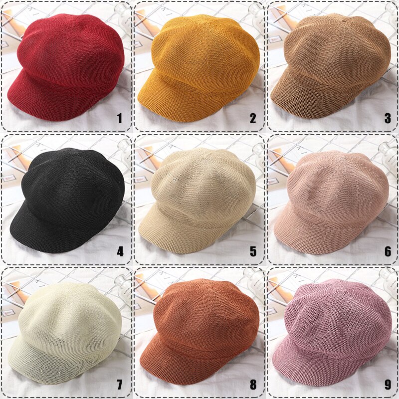 Octagonal Cap Straw Women Summer Thin Newsboy Cap Painter Straw Knitted Beret Mesh Breathable Sun Hat