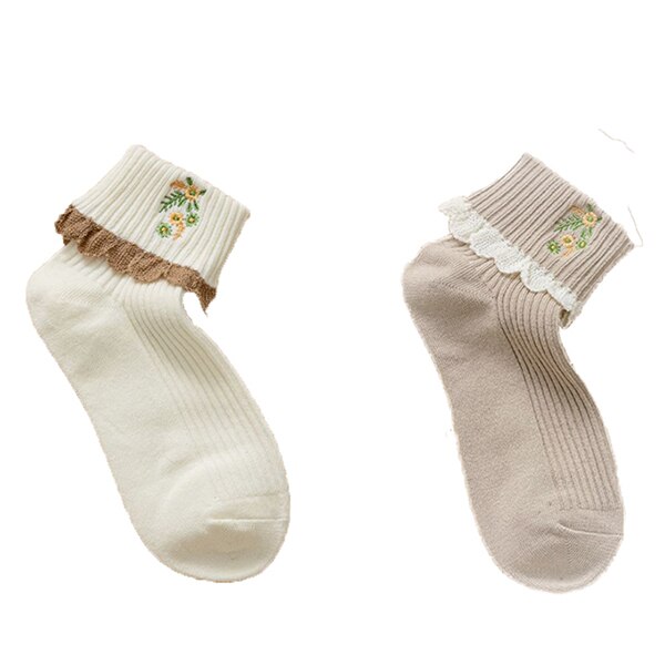 Calcetines con bordes de encaje para Mujer, medias con bordado de flores, Estilo Vintage, invierno, 2 pares: B 2Pair
