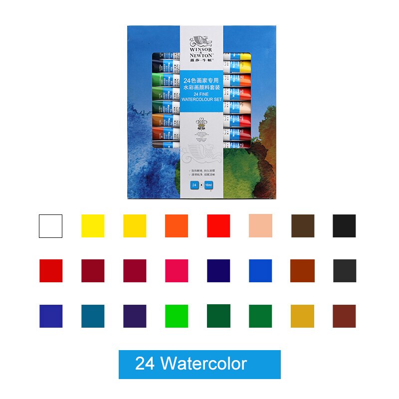 Winsor & Newton Aquarellen Acryl Olieverf Set 12/18/24/36 Kleuren 10Ml Tube Rijke Pigmenten Blijvende Voor Beginners Student: 24 Watercolor