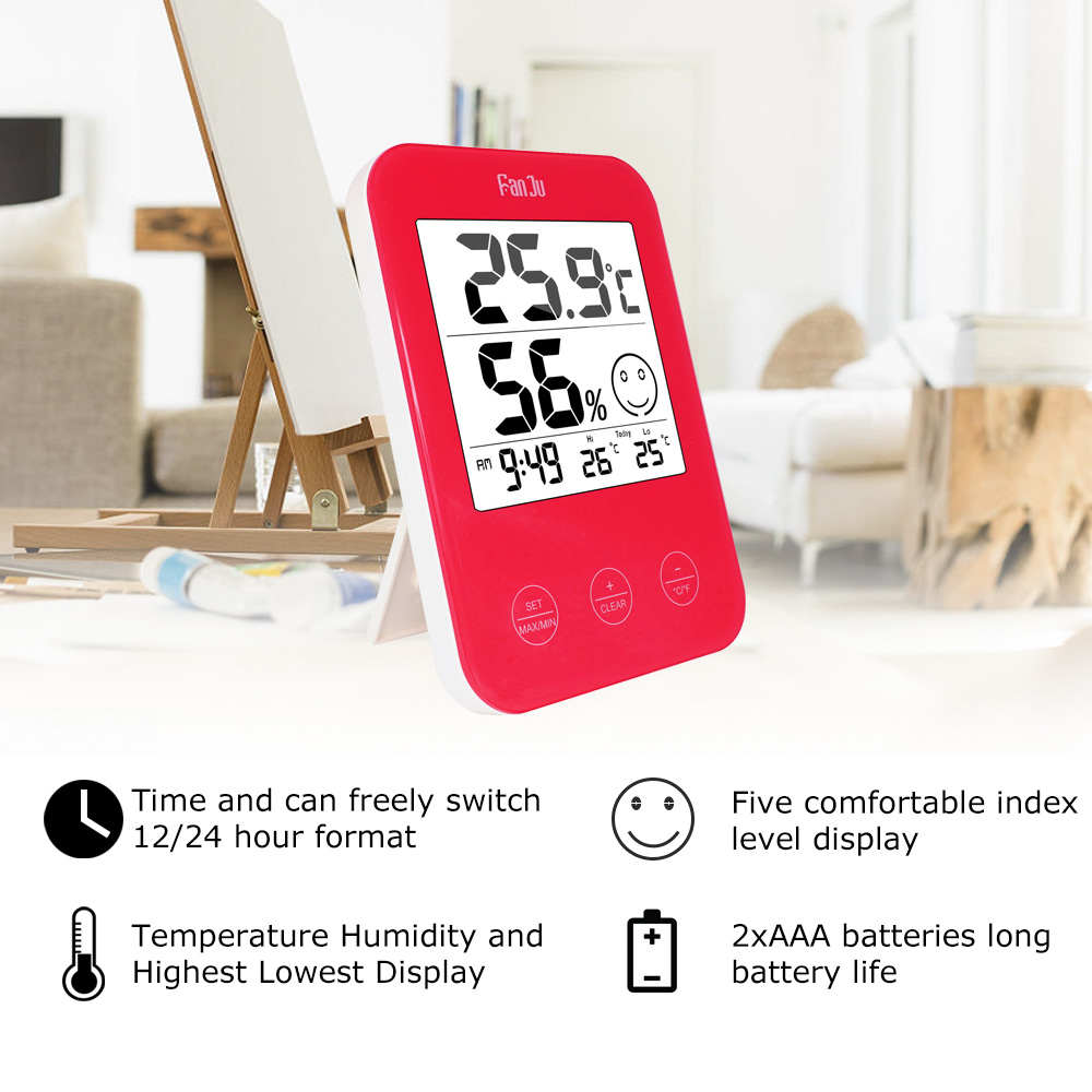 FanJu Digital Wall Table Desk Clock LCD Temperature Humidity Meter Thermometer Hygrometer Comfort Display FJ718