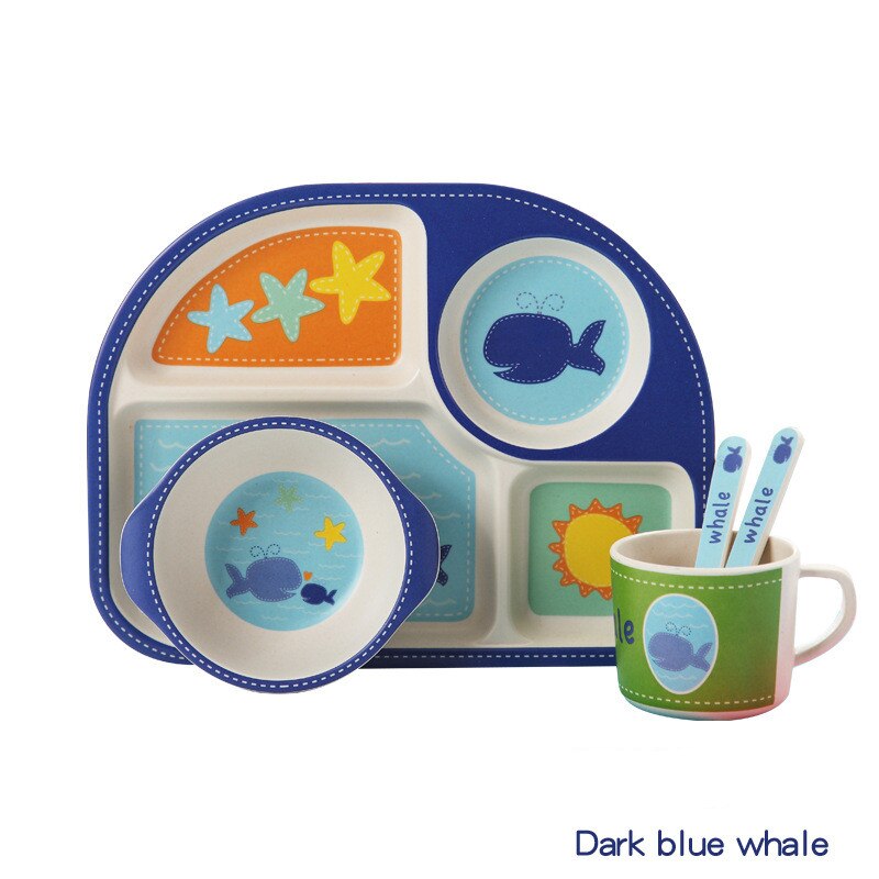 5 stuks babyvoedingsbakjes schattige voedselcontainer van bamboevezels kinderserviesgoed babyservies peuterbord maaltijdschaal: Donkerblauwe walvis