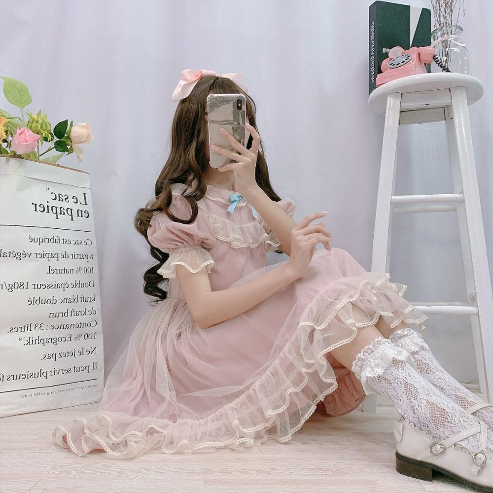 summer short sleeve Lolita dress puff sleeve mesh student sweet kawaii pink dress Cos Loli Vestidos