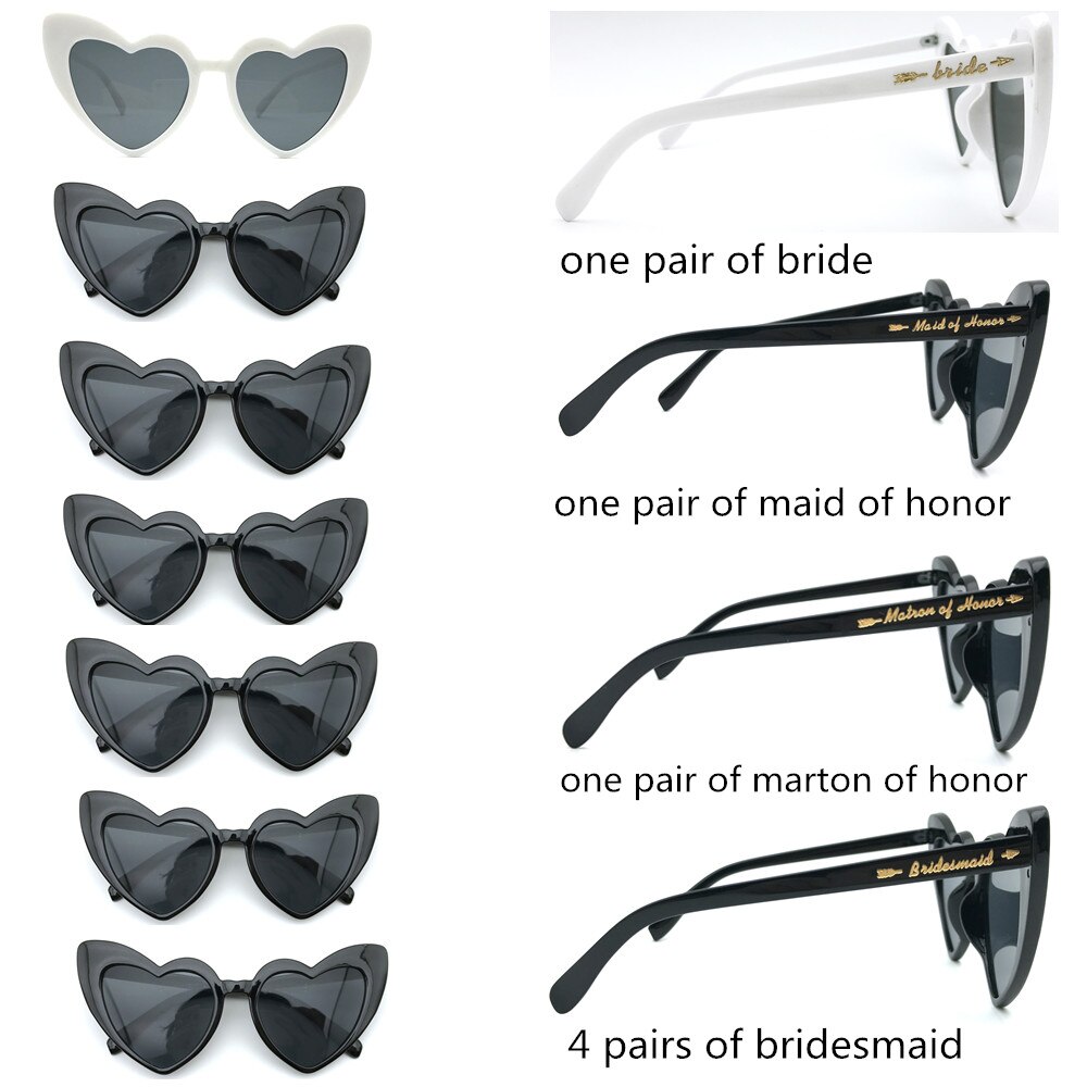 Gafas de sol con forma de corazón para dama de honor, lentes de sol Retro Para Boda, de despedida de soltera, , 7 par/lote: Black