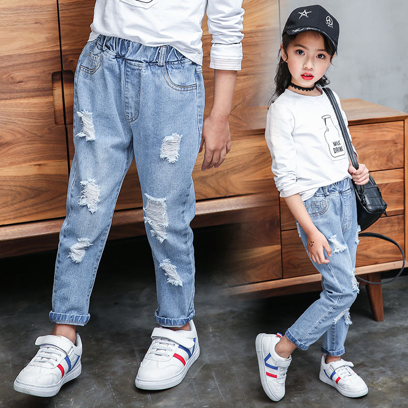 Girls Hole Jeans Baby Kids Solid Denim Pants for Baby Kids Clothes Straight Girls Trousers for 6 8 10 12 Years Vestidos