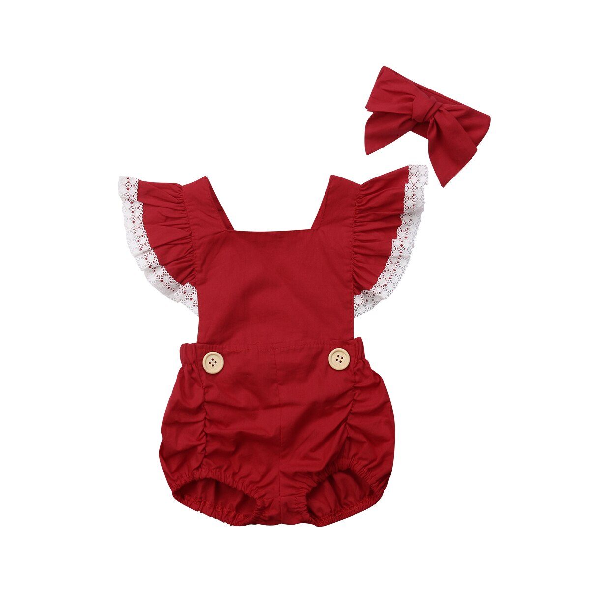 Bebê da criança do natal meninas laço macacão + bandana 2 pçs manga pétala curto sólido sem costas macacões macacão outfit 0-24m