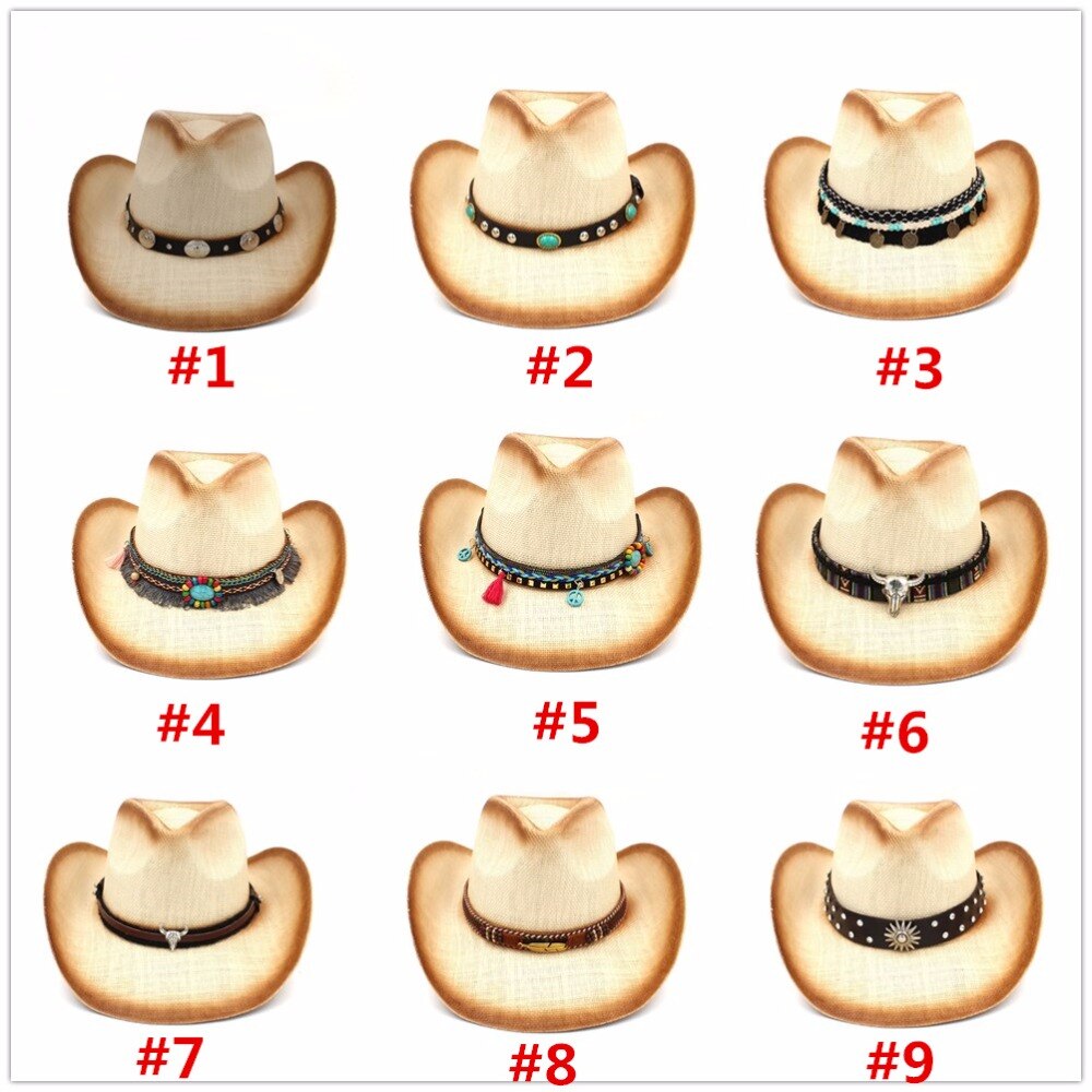 Kvinder halm cowboy hat med punk læderbånd til dame far western sombrero hombre cowgirl jazz caps størrelse 58cm