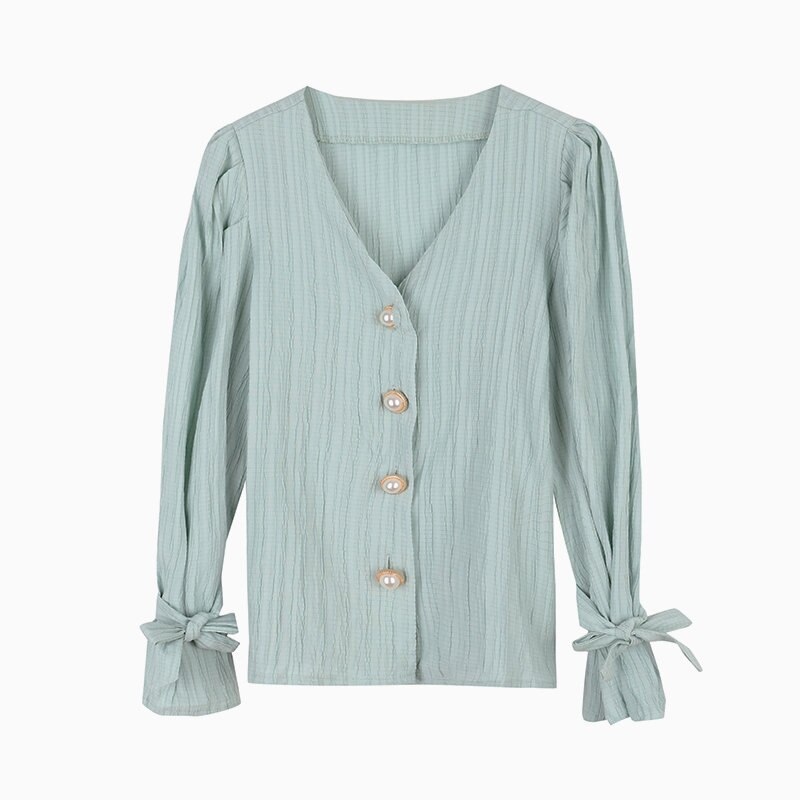 Alien Kitty Corea Retro elegancia Casual dulce perlas sólidas Chic suelta Vintage combina con todo Camisas de mujer: green