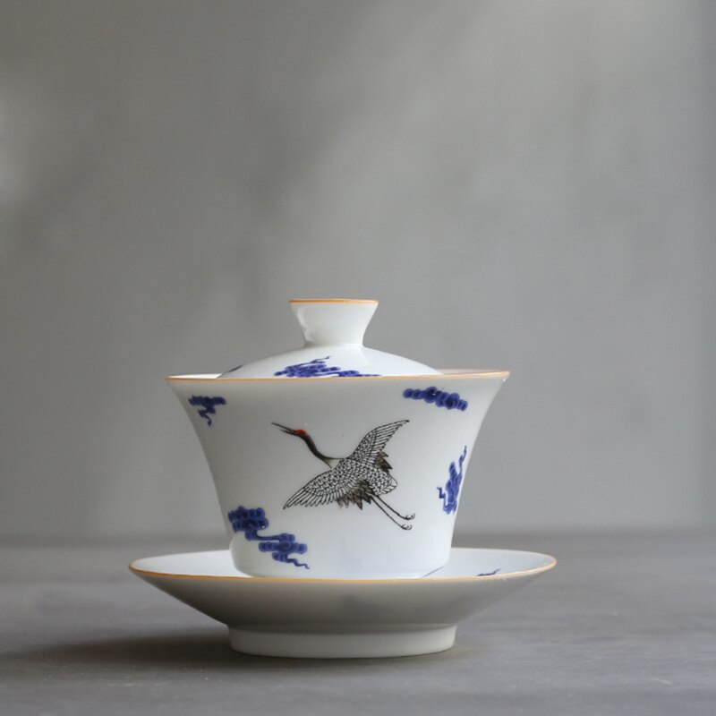 Gaiwan bol à thé chinois en céramique, porcelaine bleue et blanche de 110ml service à thé Kung Fu, théière à thé, vaisselle, décor de grue: Default Title