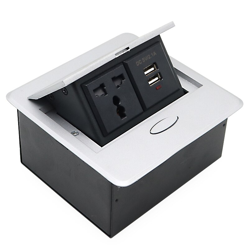 COSWALL Zinc Alloy Plate 16A Slow POP UP 2 Power EU Socket Dual USB Charge Port 2.1A Office Table Desktop Outlet Black Steel Box