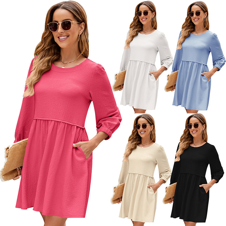 YJKDYK Spring Autumn Women's Dress Long Sleeve O-neck Casual Loose Dress Female Bubble Sleeve Waistband Dress Pure Color Dress