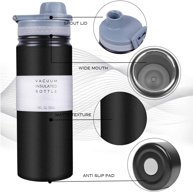 Botella de Metal de boca ancha para agua , termo de acero inoxidable con aislamiento al vacío, color negro, para viaje, 530ML