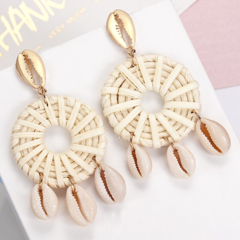 ZOSHI Handmade Earrings For Women Wooden Straw Weave Rattan Wedding Party Dangle Jewelry Shell Earrings Jewelry