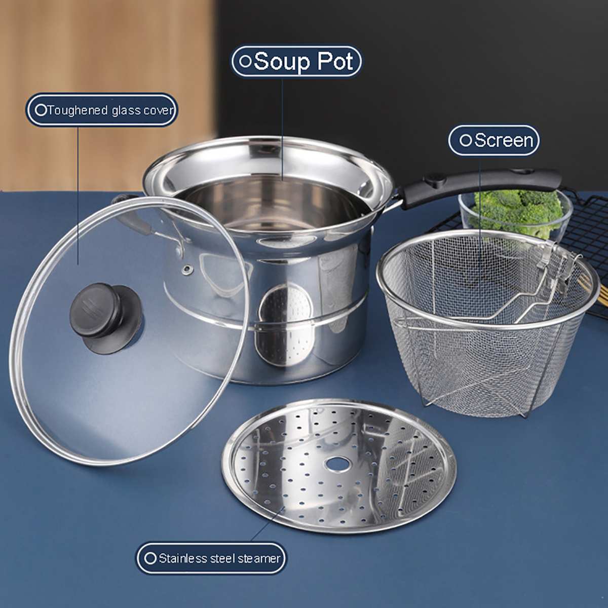 Olla para Pasta, olla para Fideos, sartén para sopa de acero inoxidable, vaporera, placa de inducción para Pasta
