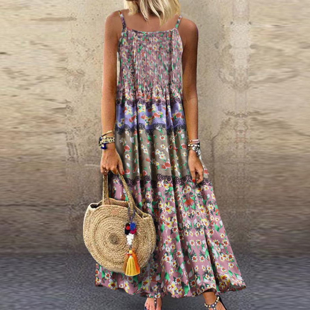 Vestido feminino moda feminina vintage boêmio impressão floral sem mangas o-pescoço correias maxi praia vestidos lagre tamanho solto vestido 39