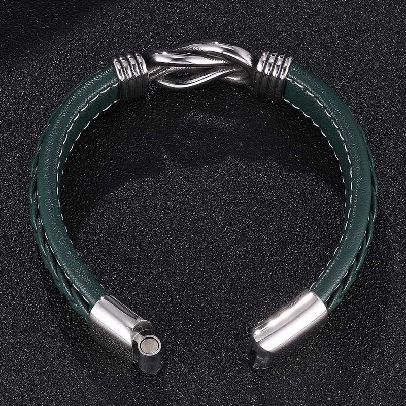 Punk Jewelry Men Green Leather Bracelet Irregular Winding Graphic Stainless Steel Magnet Clasp Male Wristband Man SP0770