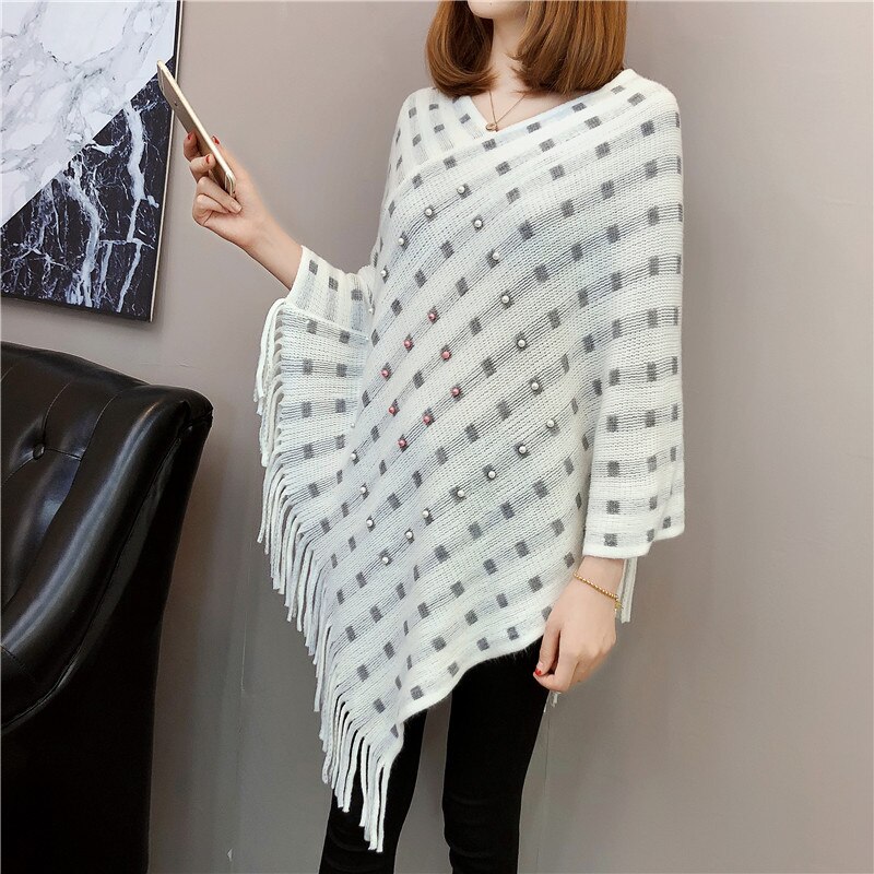Plus lösa överdimensionerade pärlor pärlor tofs poncho batwing ärm mantel tröja stickat omlott tröja party ol chaqueta: Krämvit som foto