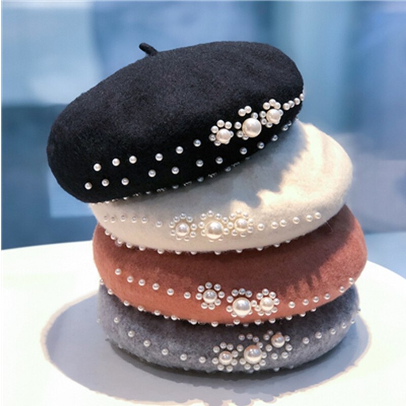 Béret noir rétro britannique pour femmes, automne et hiver, couleur pure, chapeau de peintre de perles en laine, chapeau de citrouille japonais à strass