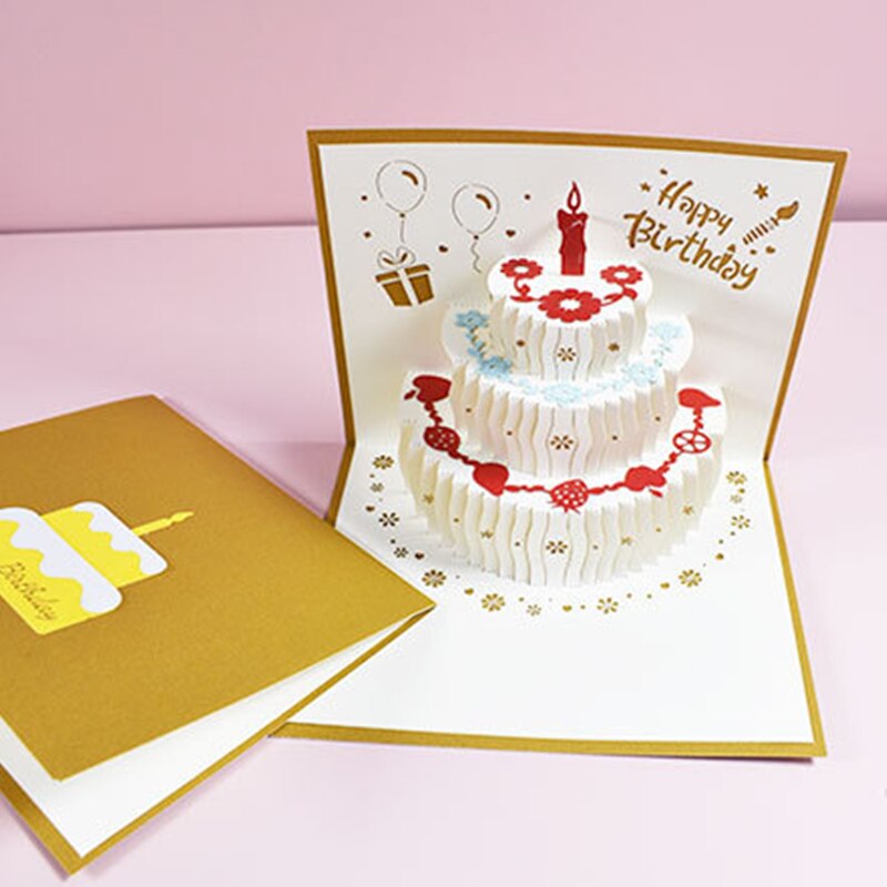 Carte Pop-Up 3D pour gâteau d&#39;anniversaire, carte postale découpée à la main, cartes de vœux 3 couleurs