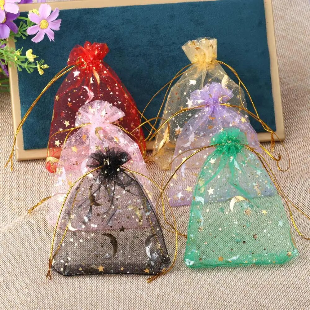 Sac en organza lune et étoile, pocommuniste multicolores pour fête de mariage, sac à bonbons, emballage de bijoux, 7x9 cm, 9x12 cm, 10x15cm, 50 pièces par lot