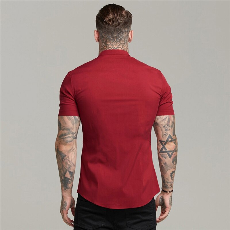 Heren Korte Mouw Zomer Plain Slim Fit Overhemden Fitness Mannen Gym Kleding Mode Casual Sociale Stand Zakelijke Shirts
